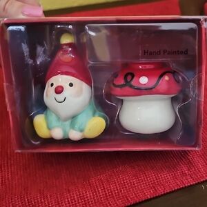 Hand-Painted Gnome and Mushroom Figurine Set. 2 Available